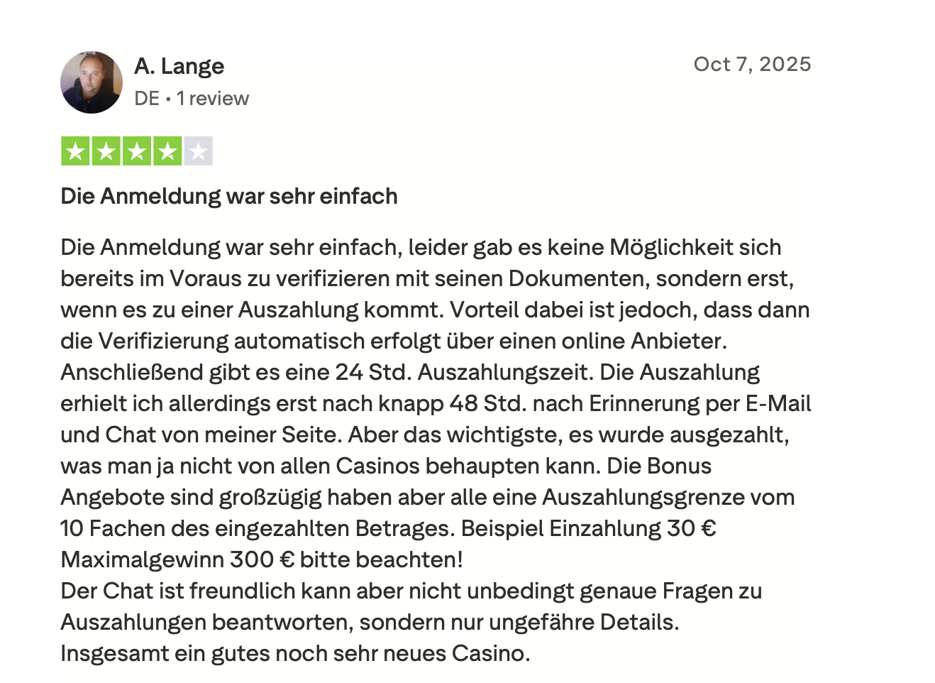 Trustpilot Erfahrungsbericht – Gemischtes Fazit aus Deutschland – 7. Oktober 2025 – Einfache Anmeldung, aber keine Vorab-Verifizierung